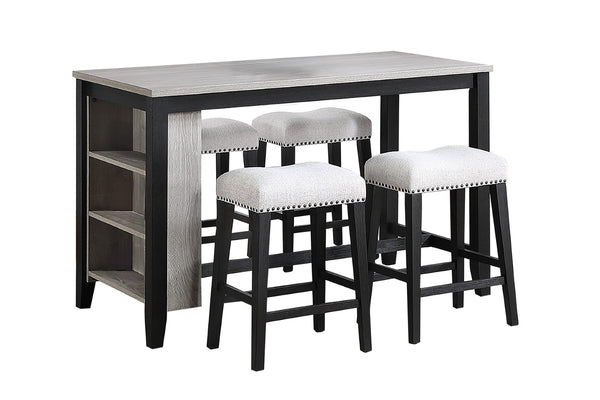 English Elm 5-piece Counter Height Dining Set Gray Wood Melamine Top with Built-in Shelf Storage B089P524529