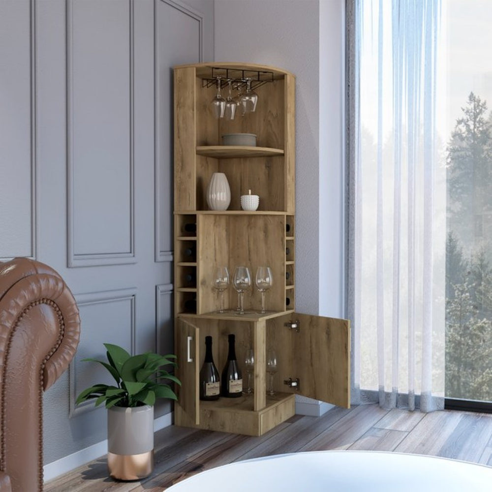 English Elm Bar Cabinet Papprika Tall Double Door Storage with 8 Wine Cubbies Dark Brown Finish B092122817