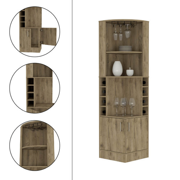 English Elm Bar Cabinet Papprika Tall Double Door Storage with 8 Wine Cubbies Dark Brown Finish B092122817