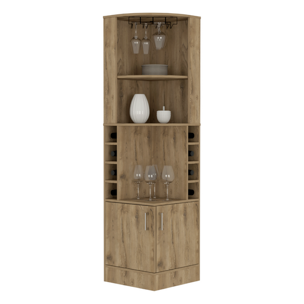English Elm Bar Cabinet Papprika Tall Double Door Storage with 8 Wine Cubbies Dark Brown Finish B092122817