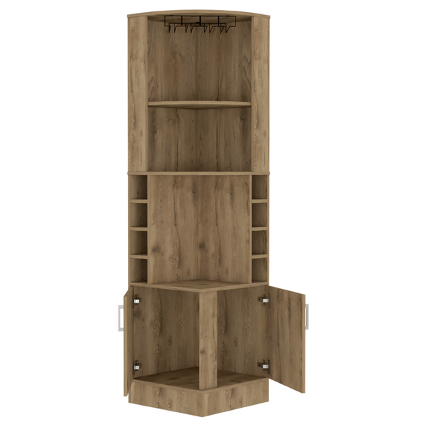 English Elm Bar Cabinet Papprika Tall Double Door Storage with 8 Wine Cubbies Dark Brown Finish B092122817