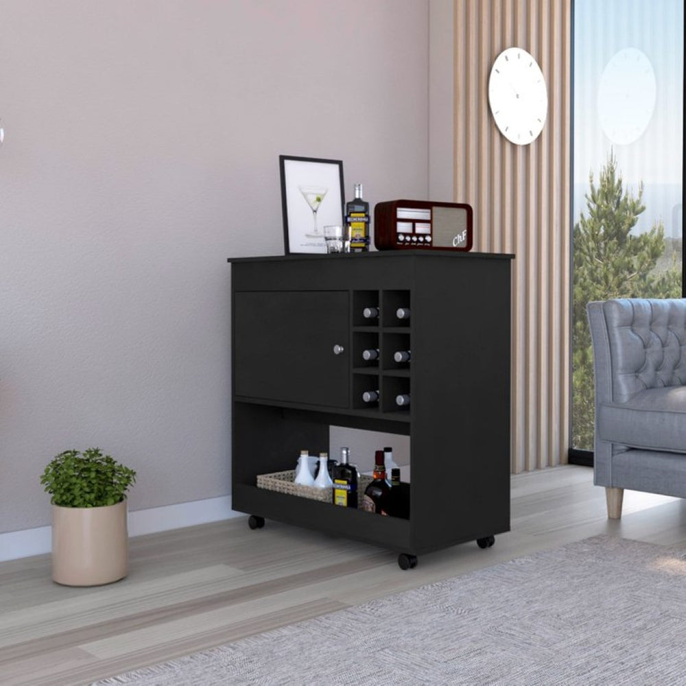 English Elm Bar Cart with Six Bottle Cubbies Enclosed Cabinet Rolling Wheels Wengue Finish B092122846
