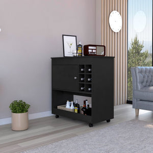 English Elm Bar Cart with Six Bottle Cubbies Enclosed Cabinet Rolling Wheels Wengue Finish B092122846