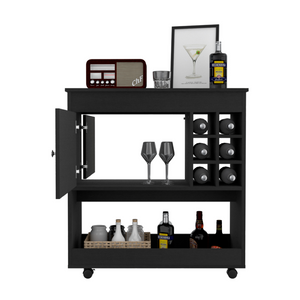 English Elm Bar Cart with Six Bottle Cubbies Enclosed Cabinet Rolling Wheels Wengue Finish B092122846