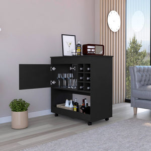 English Elm Bar Cart with Six Bottle Cubbies Enclosed Cabinet Rolling Wheels Wengue Finish B092122846