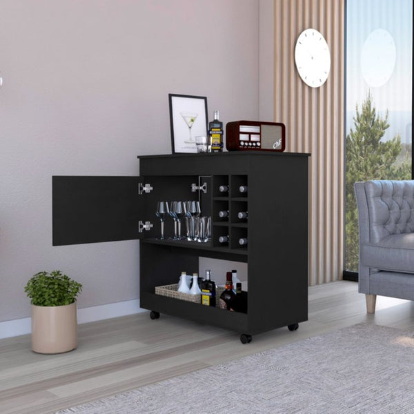 English Elm Bar Cart with Six Bottle Cubbies Enclosed Cabinet Rolling Wheels Wengue Finish B092122846