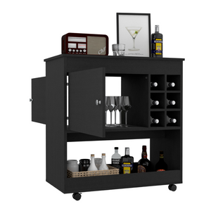 English Elm Bar Cart with Six Bottle Cubbies Enclosed Cabinet Rolling Wheels Wengue Finish B092122846