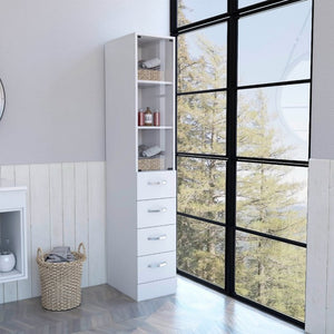 English Elm Linen Cabinet Tower with Glass Door Three Shelves and Drawers for Bathroom Storage B092122855