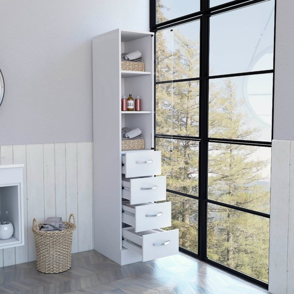 English Elm Linen Cabinet Tower with Glass Door Three Shelves and Drawers for Bathroom Storage B092122855