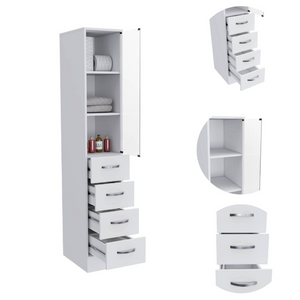 English Elm Linen Cabinet Tower with Glass Door Three Shelves and Drawers for Bathroom Storage B092122855