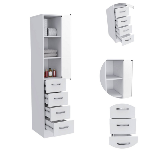 English Elm Linen Cabinet Tower with Glass Door Three Shelves and Drawers for Bathroom Storage B092122855