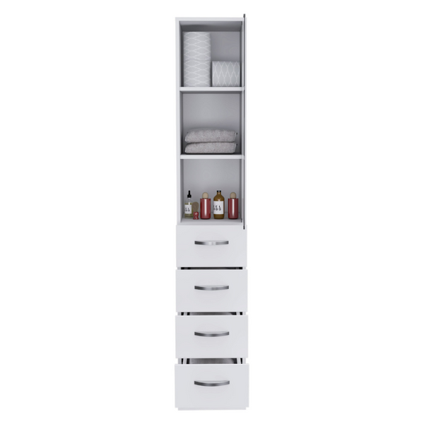 English Elm Linen Cabinet Tower with Glass Door Three Shelves and Drawers for Bathroom Storage B092122855