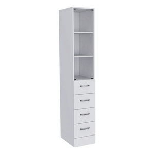 English Elm Linen Cabinet Tower with Glass Door Three Shelves and Drawers for Bathroom Storage B092122855