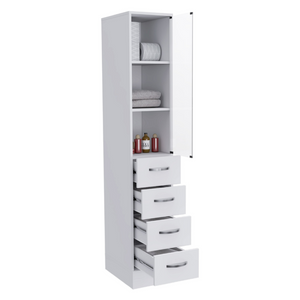 English Elm Linen Cabinet Tower with Glass Door Three Shelves and Drawers for Bathroom Storage B092122855