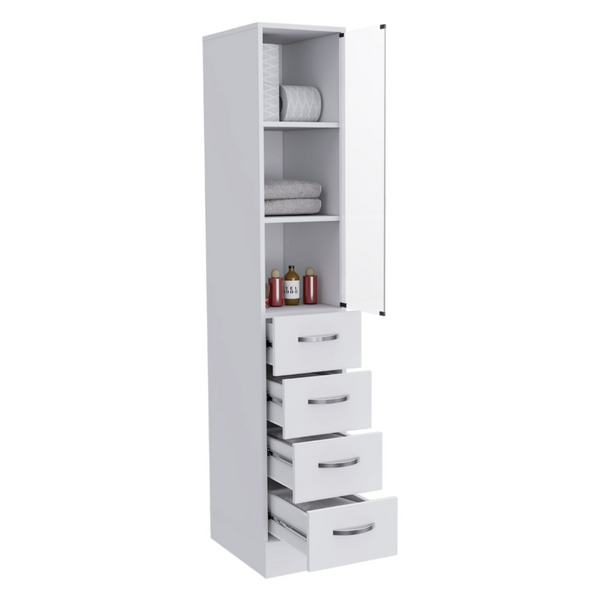 English Elm Linen Cabinet Tower with Glass Door Three Shelves and Drawers for Bathroom Storage B092122855