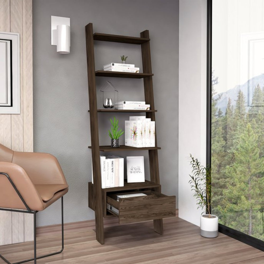 English Elm Ladder Bookcase with Five Open Shelves One Drawer Dark Walnut Home Office Display B092122875