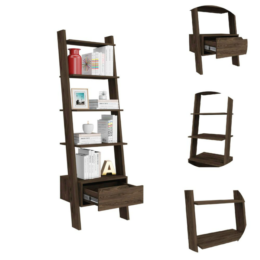English Elm Ladder Bookcase with Five Open Shelves One Drawer Dark Walnut Home Office Display B092122875