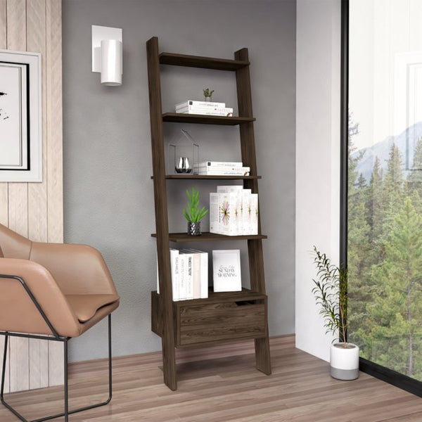 English Elm Ladder Bookcase with Five Open Shelves One Drawer Dark Walnut Home Office Display B092122875