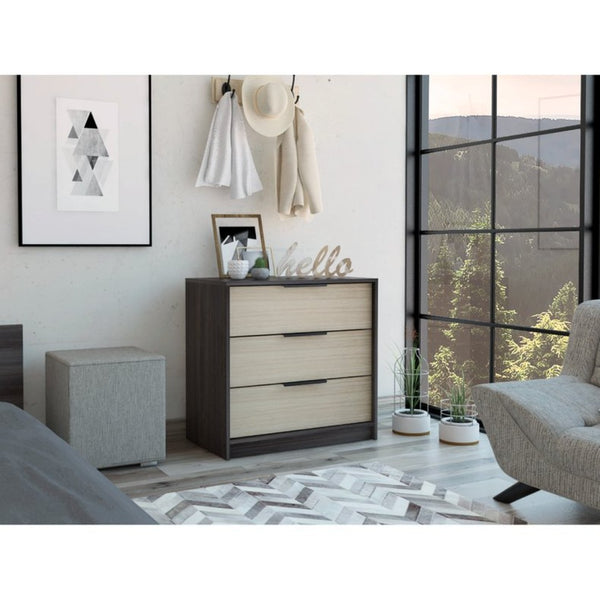 English Elm 3 Drawer Compact Dresser in Two-tone Wengue Pine Finish for Bedroom or Entryway B092122999
