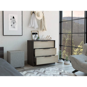 English Elm 3 Drawer Compact Dresser in Two-tone Wengue Pine Finish for Bedroom or Entryway B092122999
