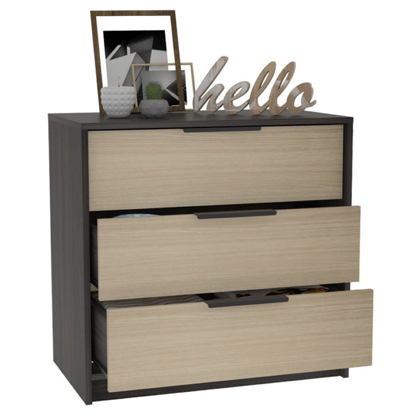 English Elm 3 Drawer Compact Dresser in Two-tone Wengue Pine Finish for Bedroom or Entryway B092122999