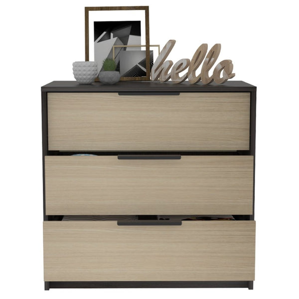English Elm 3 Drawer Compact Dresser in Two-tone Wengue Pine Finish for Bedroom or Entryway B092122999