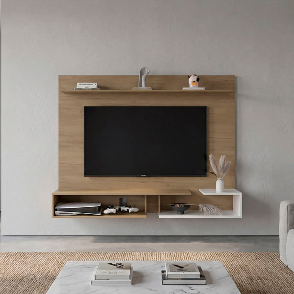 English Elm Aurevon Velar Wall Mounted Floating Entertainment Panel with Open and Closed Storage Beige B092P524507