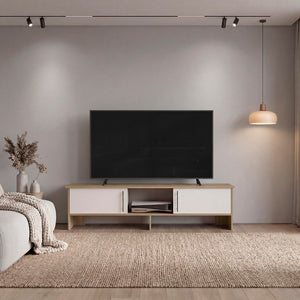 English Elm Noe Velmora Low Profile Beige Entertainment Console with Open Shelving for Living Rooms B092P524515