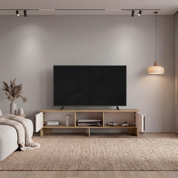 English Elm Noe Velmora Low Profile Beige Entertainment Console with Open Shelving for Living Rooms B092P524515