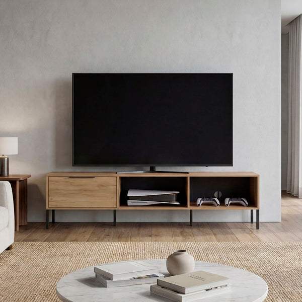 English Elm Caleric Wide Low Profile Media Console with Open Closed Storage for Minimalist Living Rooms B092P533593
