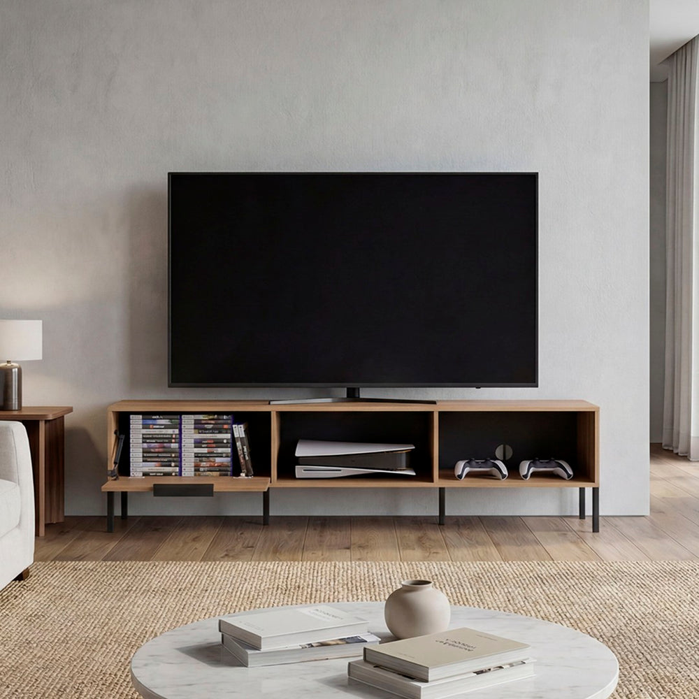 English Elm Caleric Wide Low Profile Media Console with Open Closed Storage for Minimalist Living Rooms B092P533593