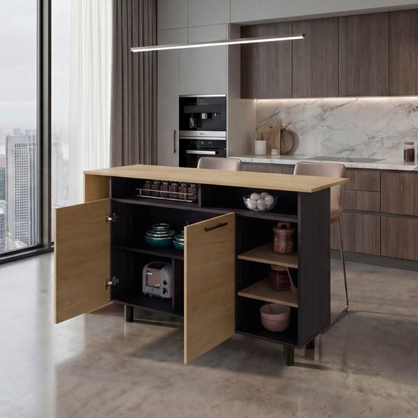 English Elm Korega 59 Inch Kitchen Island with Open Shelves Cabinets and Drawers for Modern Kitchens B092P538927