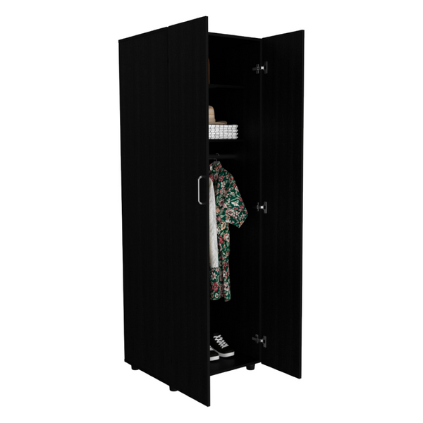 English Elm Slim Double Door Wardrobe Armoire with Hanging Rod Matte Black Contemporary Finish B092S00173