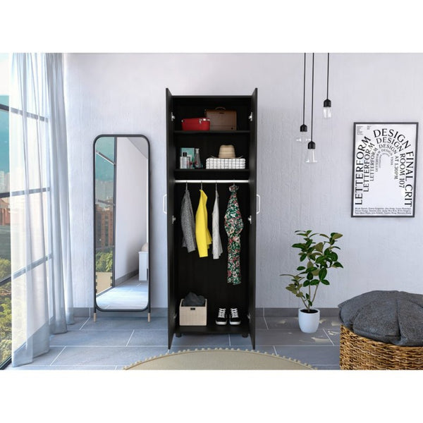 English Elm Slim Double Door Wardrobe Armoire with Hanging Rod Matte Black Contemporary Finish B092S00173