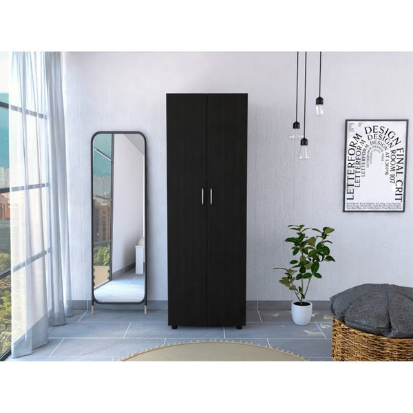 English Elm Slim Double Door Wardrobe Armoire with Hanging Rod Matte Black Contemporary Finish B092S00173
