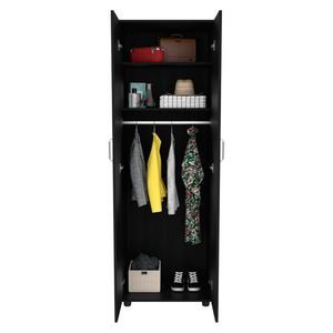 English Elm Slim Double Door Wardrobe Armoire with Hanging Rod Matte Black Contemporary Finish B092S00173