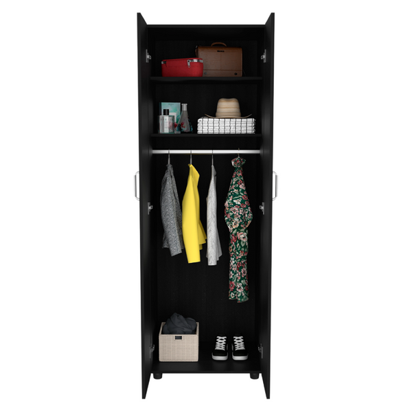 English Elm Slim Double Door Wardrobe Armoire with Hanging Rod Matte Black Contemporary Finish B092S00173