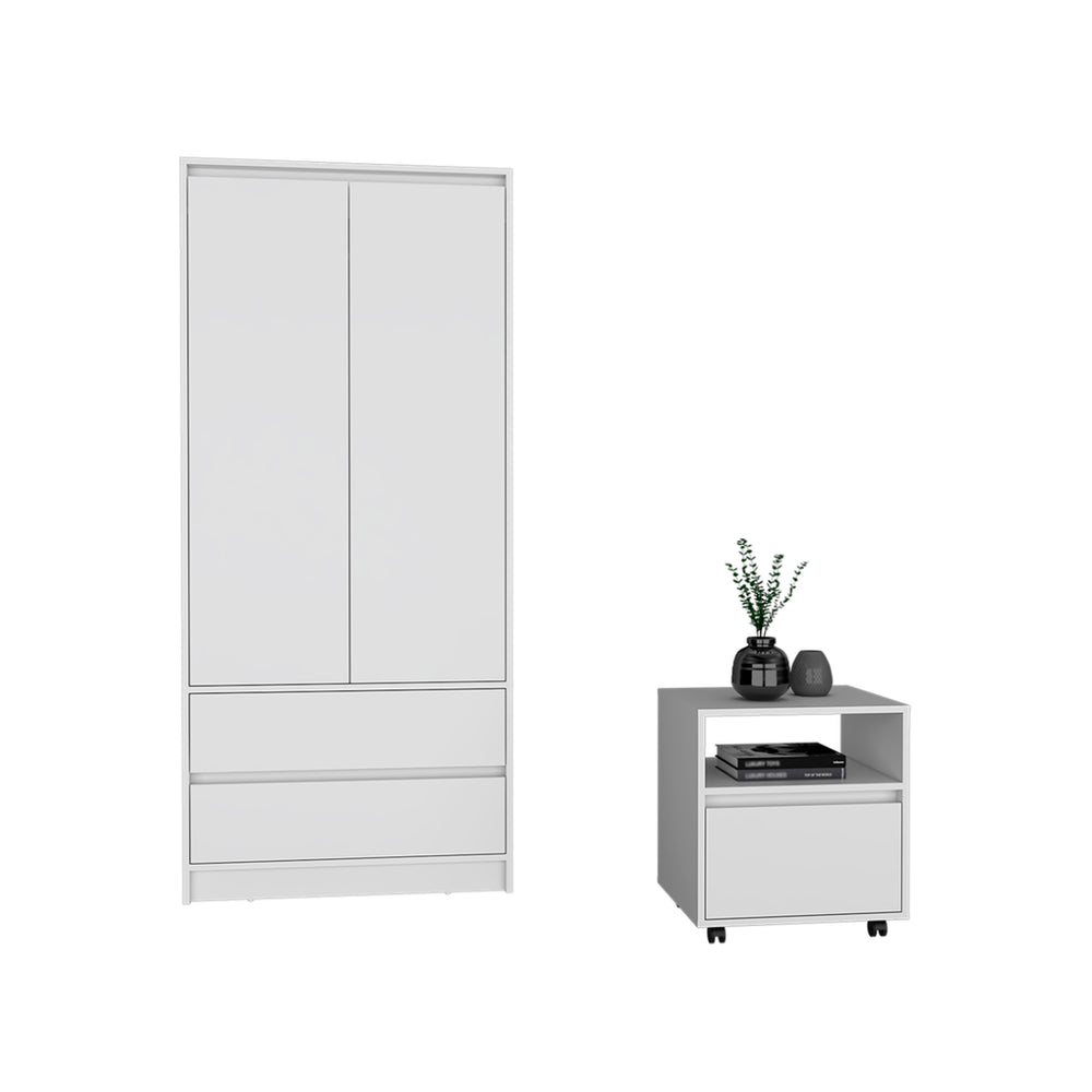 English Elm Laurel Two Piece Bedroom Set with Rolling Nightstand and Wardrobe Armoire in White B092S00217