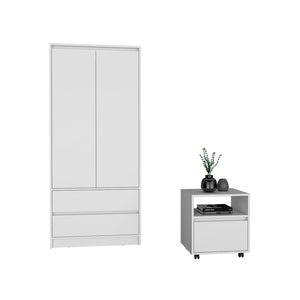 English Elm Laurel Two Piece Bedroom Set with Rolling Nightstand and Wardrobe Armoire in White B092S00217