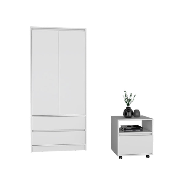 English Elm Laurel Two Piece Bedroom Set with Rolling Nightstand and Wardrobe Armoire in White B092S00217