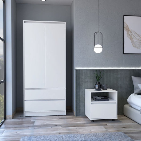 English Elm Laurel Two Piece Bedroom Set with Rolling Nightstand and Wardrobe Armoire in White B092S00217