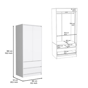 English Elm Laurel Two Piece Bedroom Set with Rolling Nightstand and Wardrobe Armoire in White B092S00217