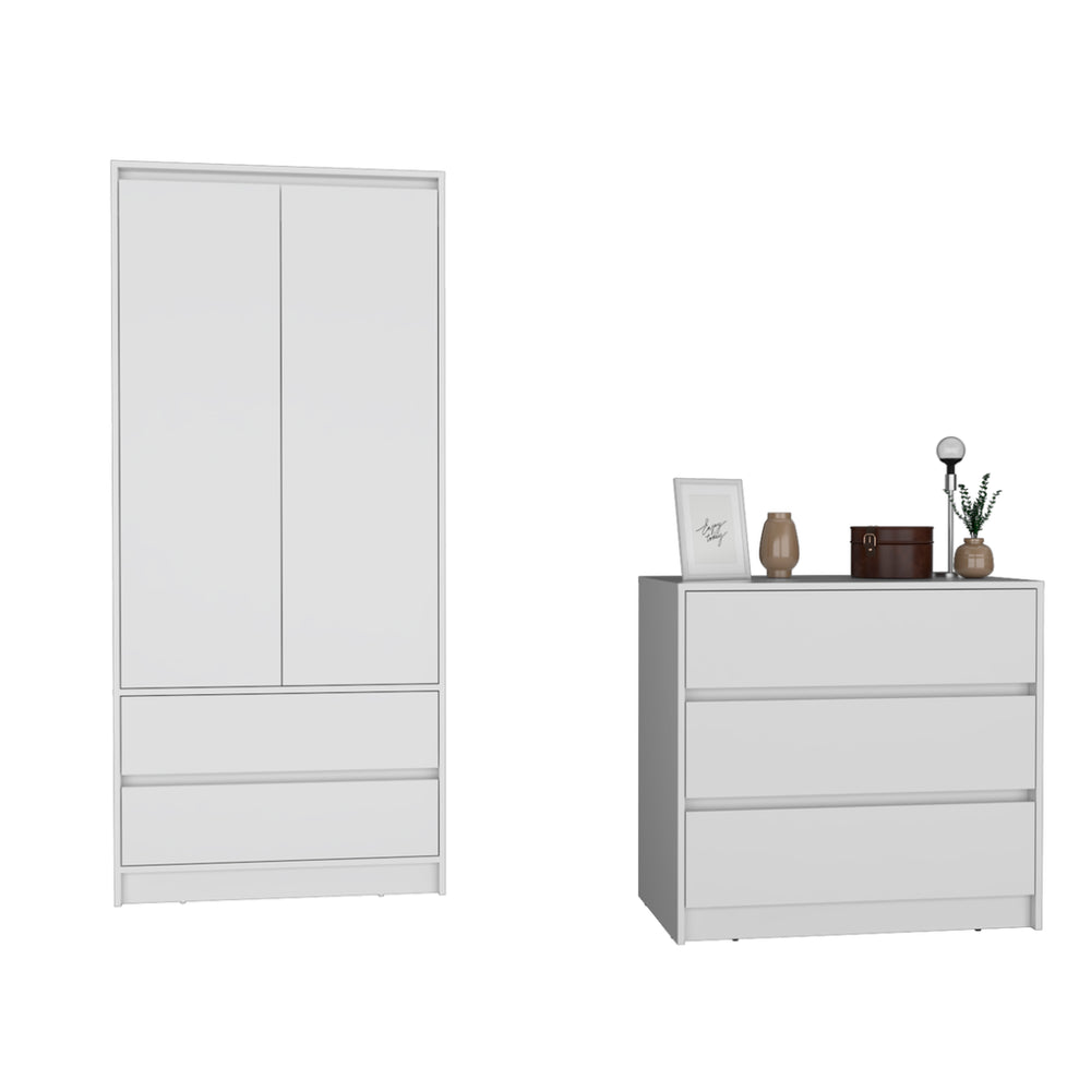 English Elm Lewes White Two Piece Bedroom Storage Set with Multi Drawer Dresser and Wardrobe Armoire B092S00218