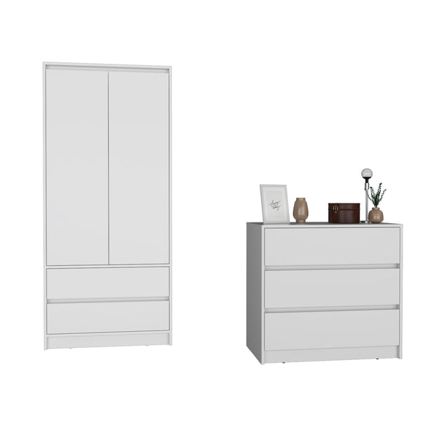 English Elm Lewes White Two Piece Bedroom Storage Set with Multi Drawer Dresser and Wardrobe Armoire B092S00218