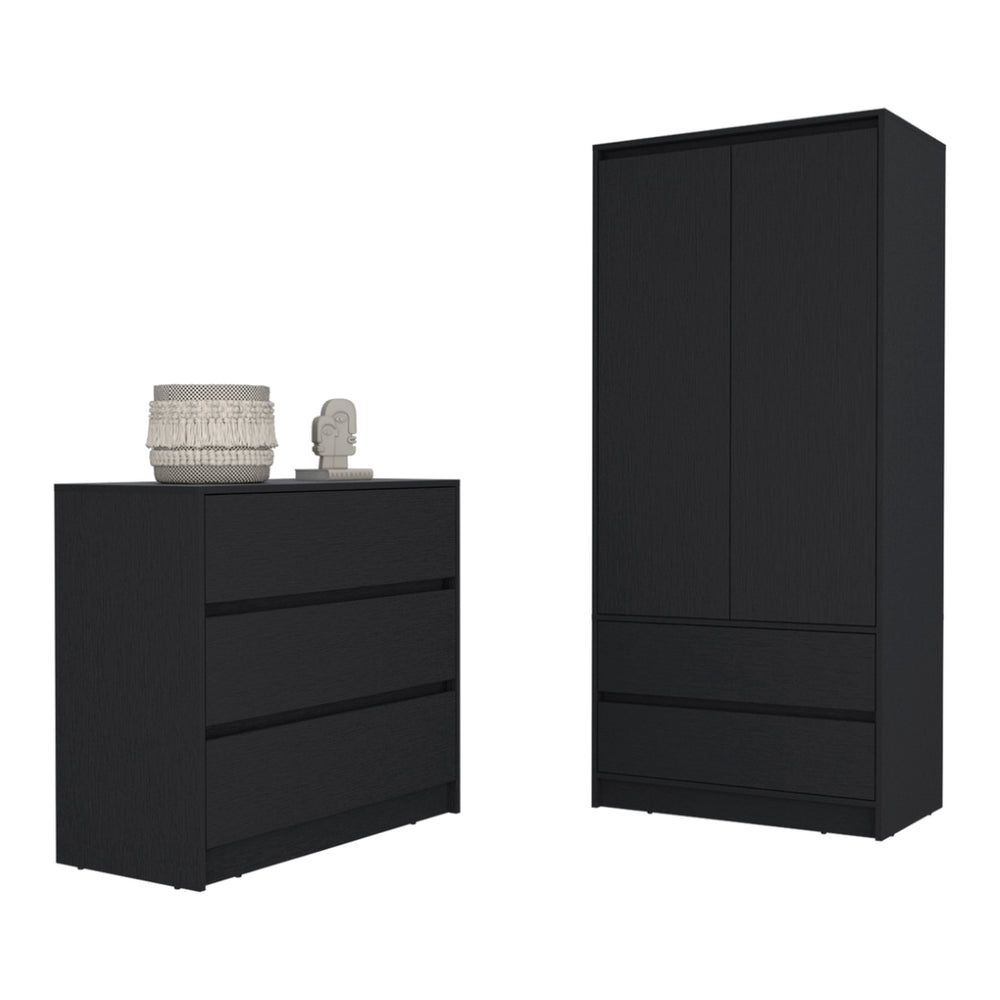 English Elm Lewes Matte Black Dresser and Armoire Set Modern Bedroom Storage with Hanging Rod B092S00219