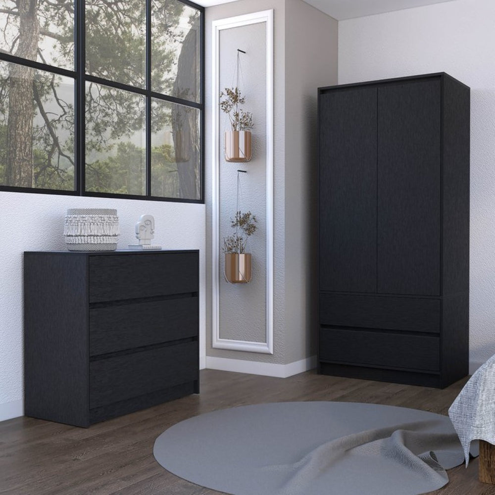 English Elm Lewes Matte Black Dresser and Armoire Set Modern Bedroom Storage with Hanging Rod B092S00219