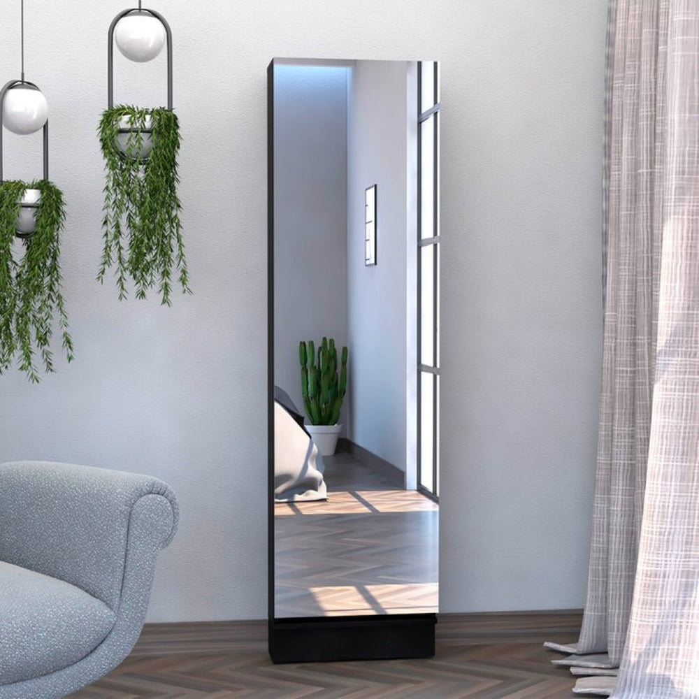 English Elm Shoe Cabinet with Full Length Mirror Door Five Shelves Slim Entryway Storage in Matte Black B097132938