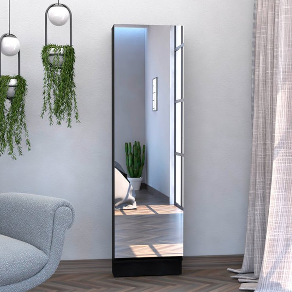 English Elm Shoe Cabinet with Full Length Mirror Door Five Shelves Slim Entryway Storage in Matte Black B097132938