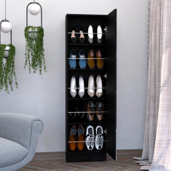 English Elm Shoe Cabinet with Full Length Mirror Door Five Shelves Slim Entryway Storage in Matte Black B097132938
