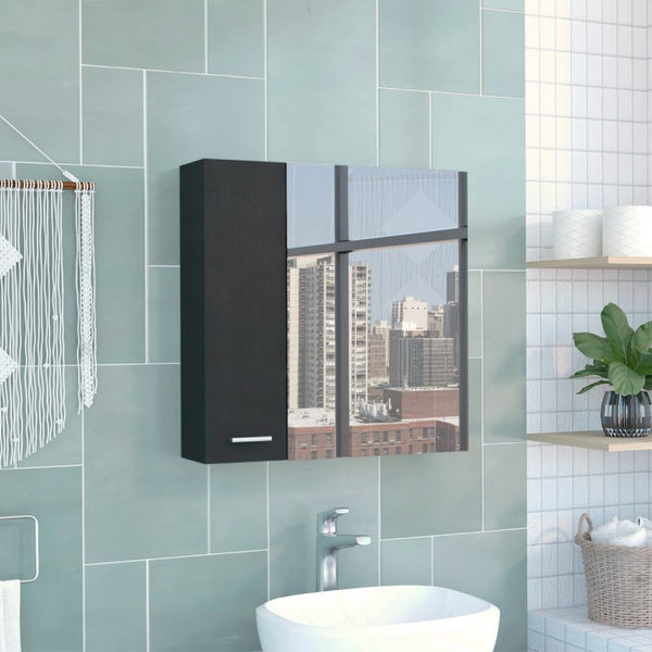 English Elm Medicine Cabinet Double Door Mirrored Black Finish Four Shelf Bathroom Wall Storage B097133008